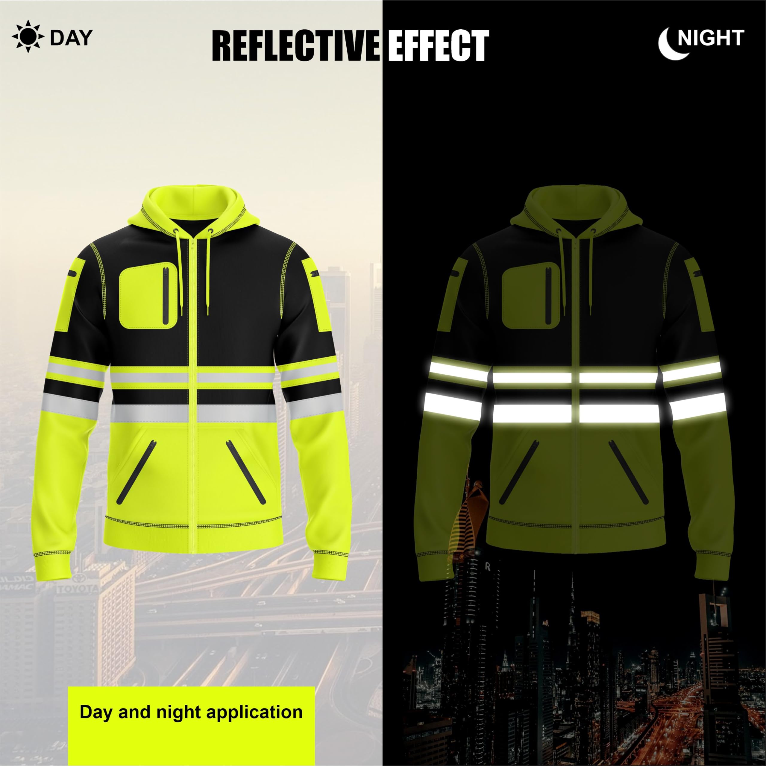 trending babz Mens Hi Vis Pullover Hoodie Reflective Tape Safety Work Drawstring Multi Zipped Pockets High Viz High Visibility Hoodie Sweatshirt